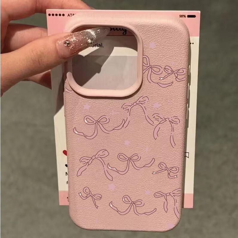 Cute Pink Star Bow Lichee leather pattern Phone Case For Samsung S25 S24 S23 S22 S21 S20 S10 Plus FE Ultra 4G 5G Shockproof