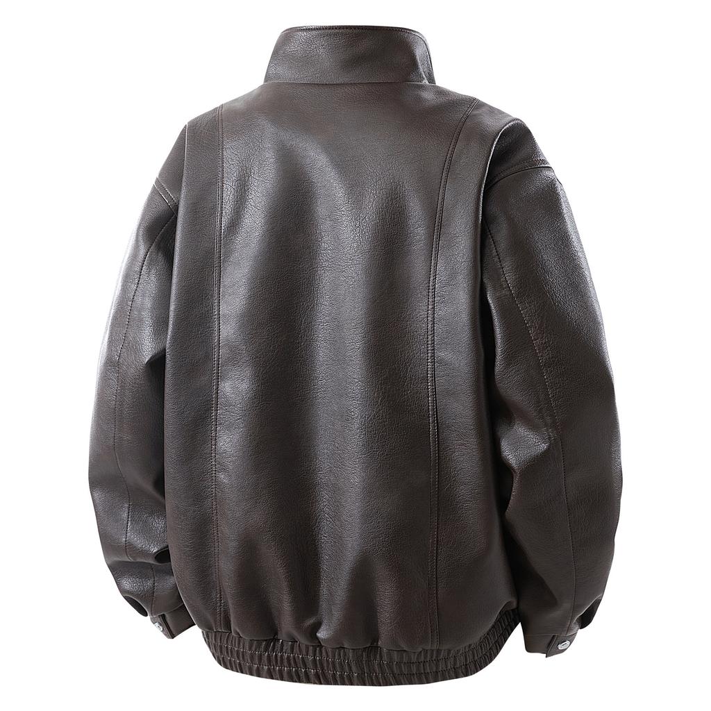 American retro PU leather jacket men's winter loose trendy brand thick large size jacket top men's autumn and winter coat