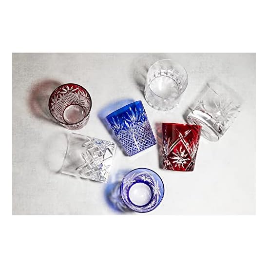 NARUMI Glass Works Prince Pair Rock Glasses, 270cc, Blue & Red Cased Glass, Kiriko Whiskey Glass, Ol