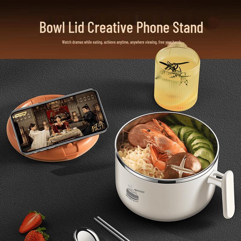 ZISIZ Large Capacity 304 Stainless Steel Instant Noodle Bowl with Timer and Lid
