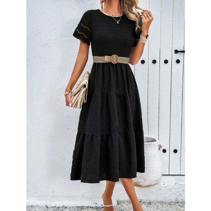 Women's Spring and Summer Temperament Solid Color Short-sleeved Hollowed Out Dresses