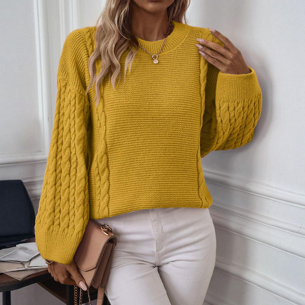 Women's Fashion Casual Round Neck  Twists Knitwear Solid Color Pullover Long Sleeve Loose Sweater