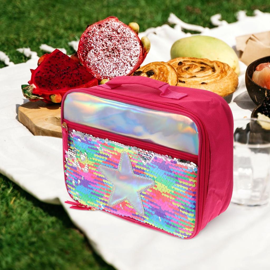 Garneck Portable Lunch Bag, Thermal Insulated Lunch Tote Bag, Sequined Lunch Storage Pouch, 25x19x7cm, Lightweight, Multifunctional, Lunch Bag