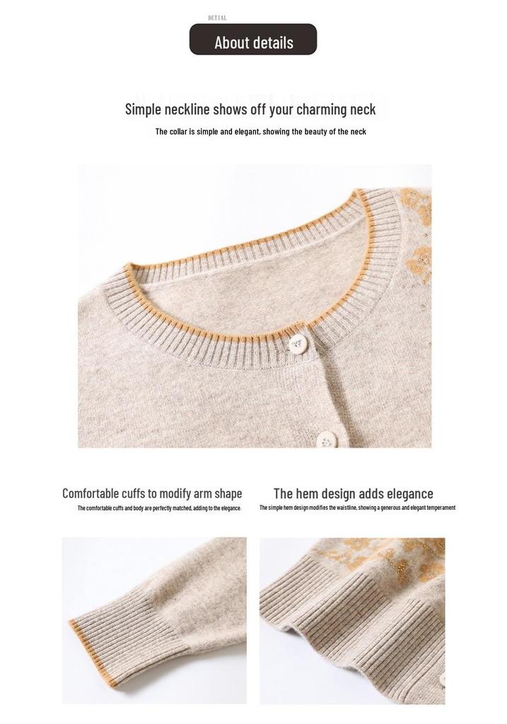 Women's Pure Wool Embroidered Cardigan - Round Neck, Button-Up Knitwear for Autumn/Winter