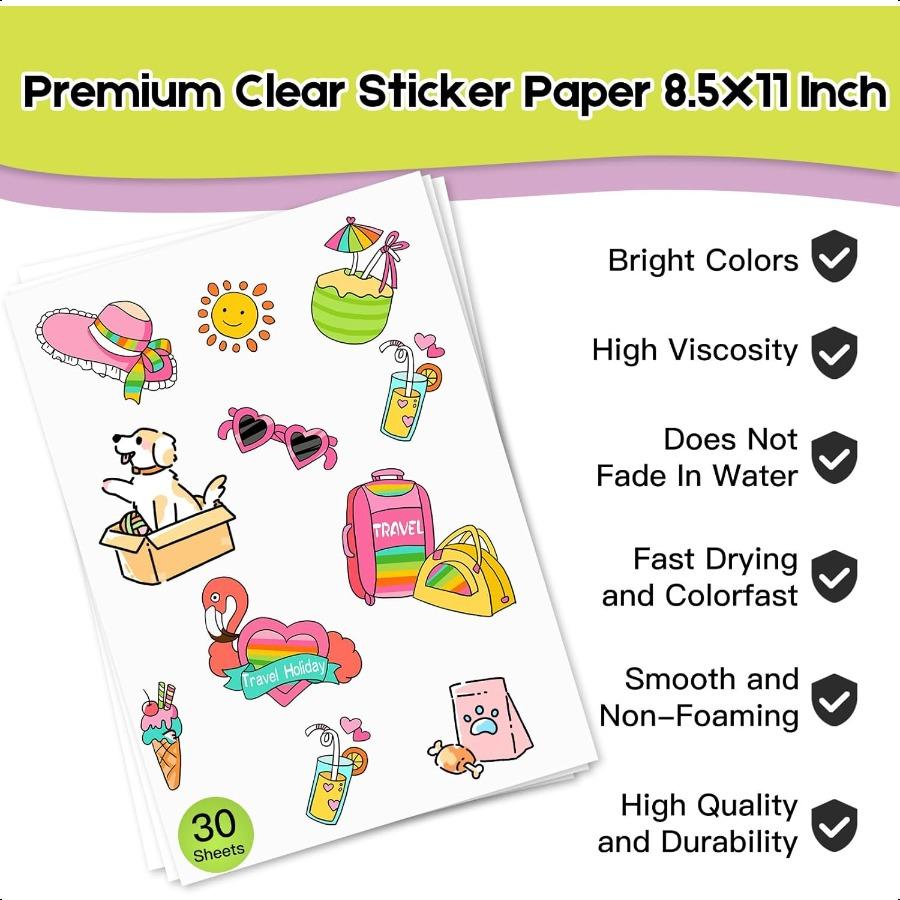 30 Sheets Premium Printable Vinyl Sticker Paper for Inkjet Printers Matte White 8.5x11 Inch Waterproof and Vibrant Colours Reta