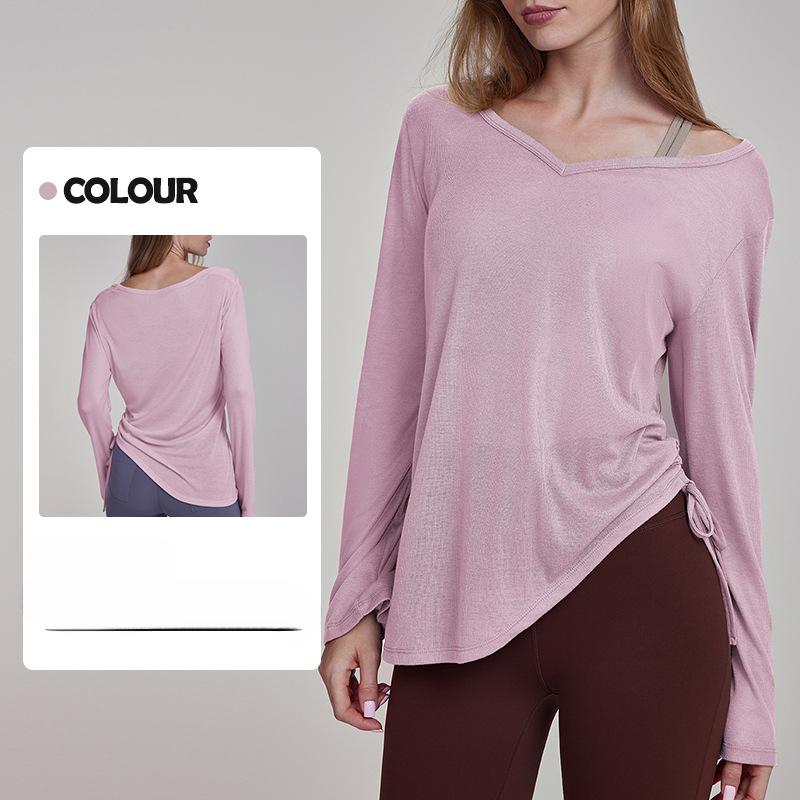 Smock Yoga, cu mâneci lungi, acoperă șoldurile, tricou cu șnur plisat pentru femei, îmbrăcăminte yoga de toamnă lejeră și casual pentru fitness