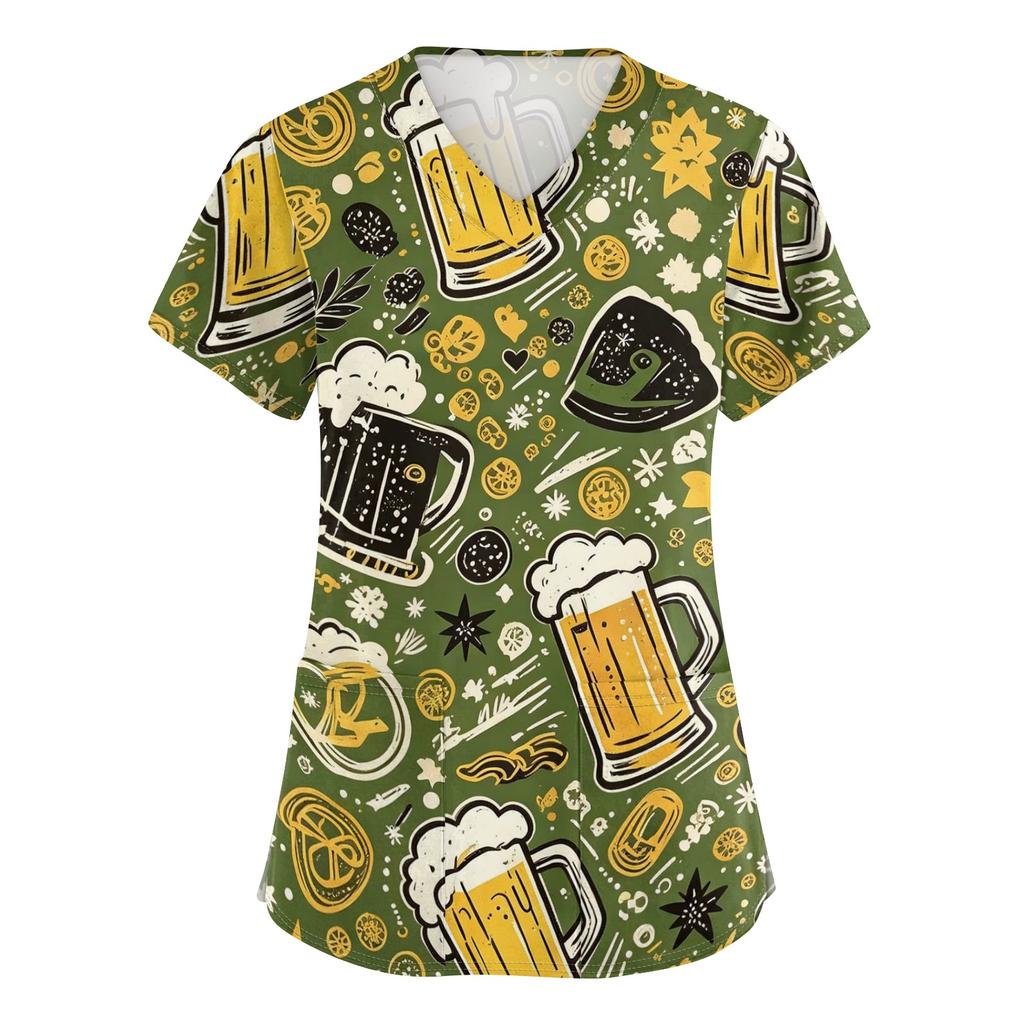 Women's V Neck Short Sleeve Work Top with Pockets Oktoberfest Print Medical Uniform Nurse Scrub Shirt for Healthcare Professionals