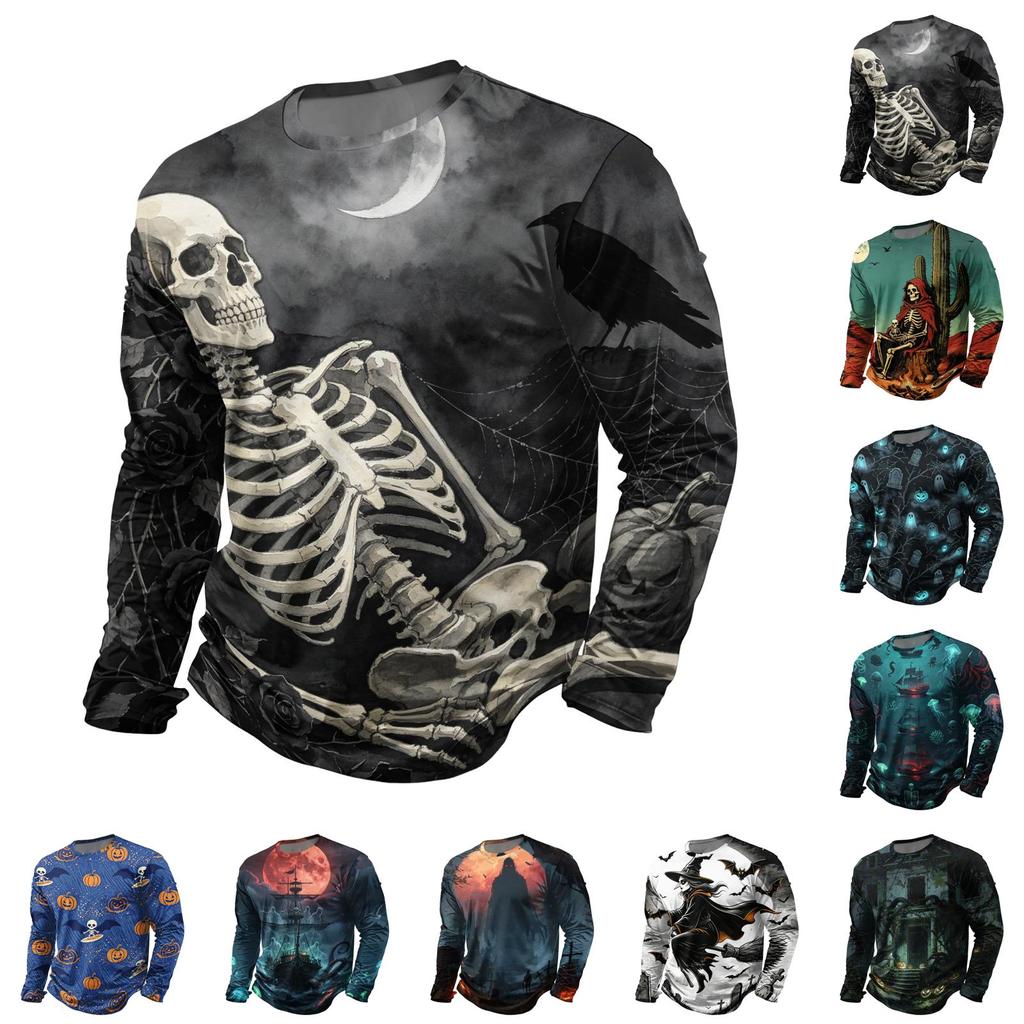 Men's Halloween Print Fashion Neck Long Sleeve T-Shirt