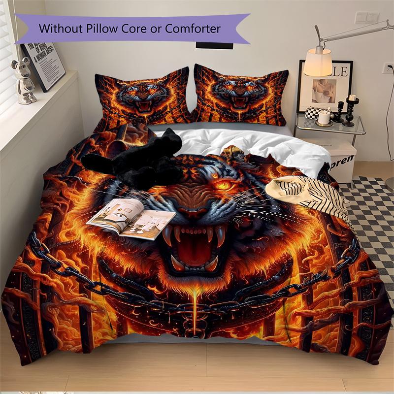 3-teiliges Steppdecken-Set mit flammendem Tiger-Design, Cartoon-Thema, Bettdecken-Set, niedliches Charakter-Schlafzimmer-Dekor, Bettdecken-Set für vier Jahreszeiten (1 Bettbezug + 2 Kissenbezüge