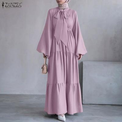 Damen Lässig Rundhals Locker Puff Langarm Muslimisches Langes Kleid