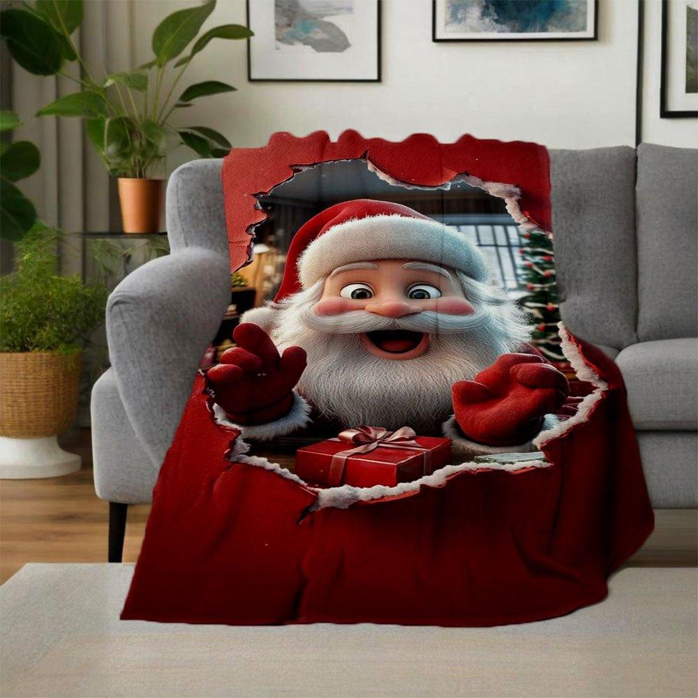 "Christmas Santa Claus Gift Box with Bow"Blanket Flannel Throw Blanket for Sofa, Bed, Travel, Camping, Office