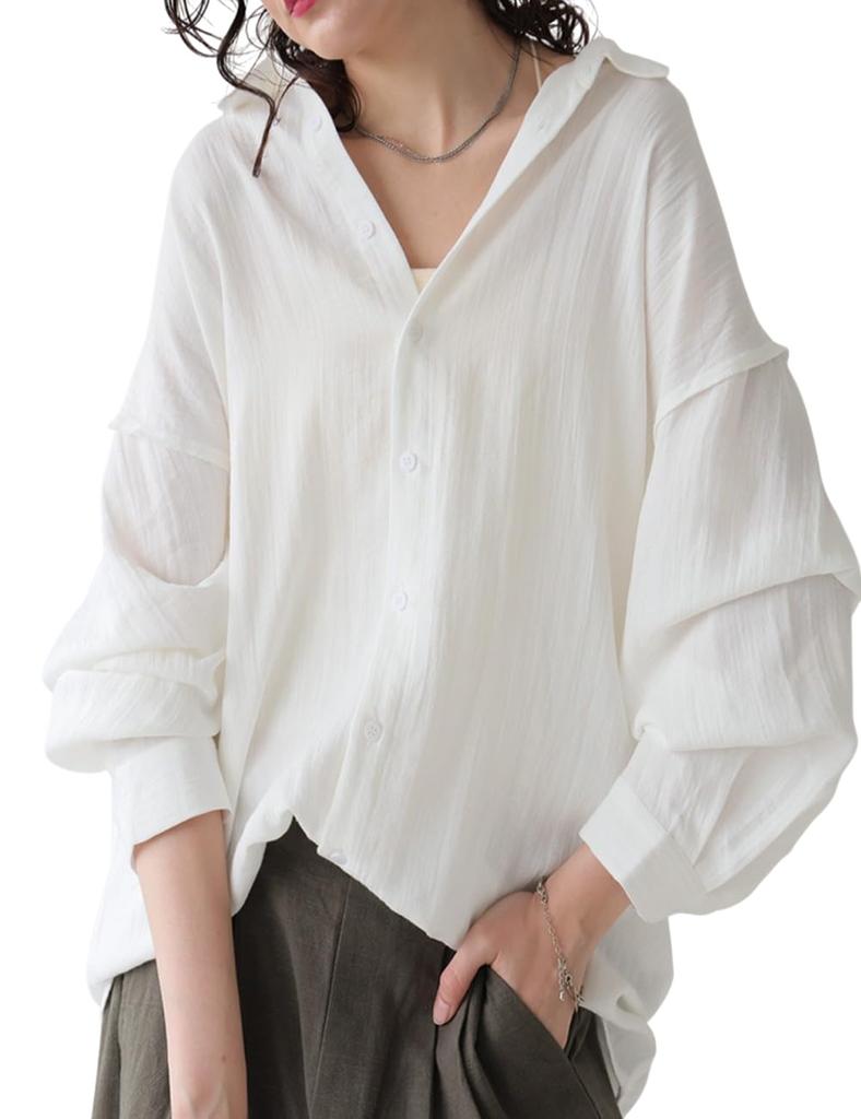 antiqua Long Regular Size White Women's Linen-Touch Shirt, Sleeve, ZK-00213, (S-L), 03,