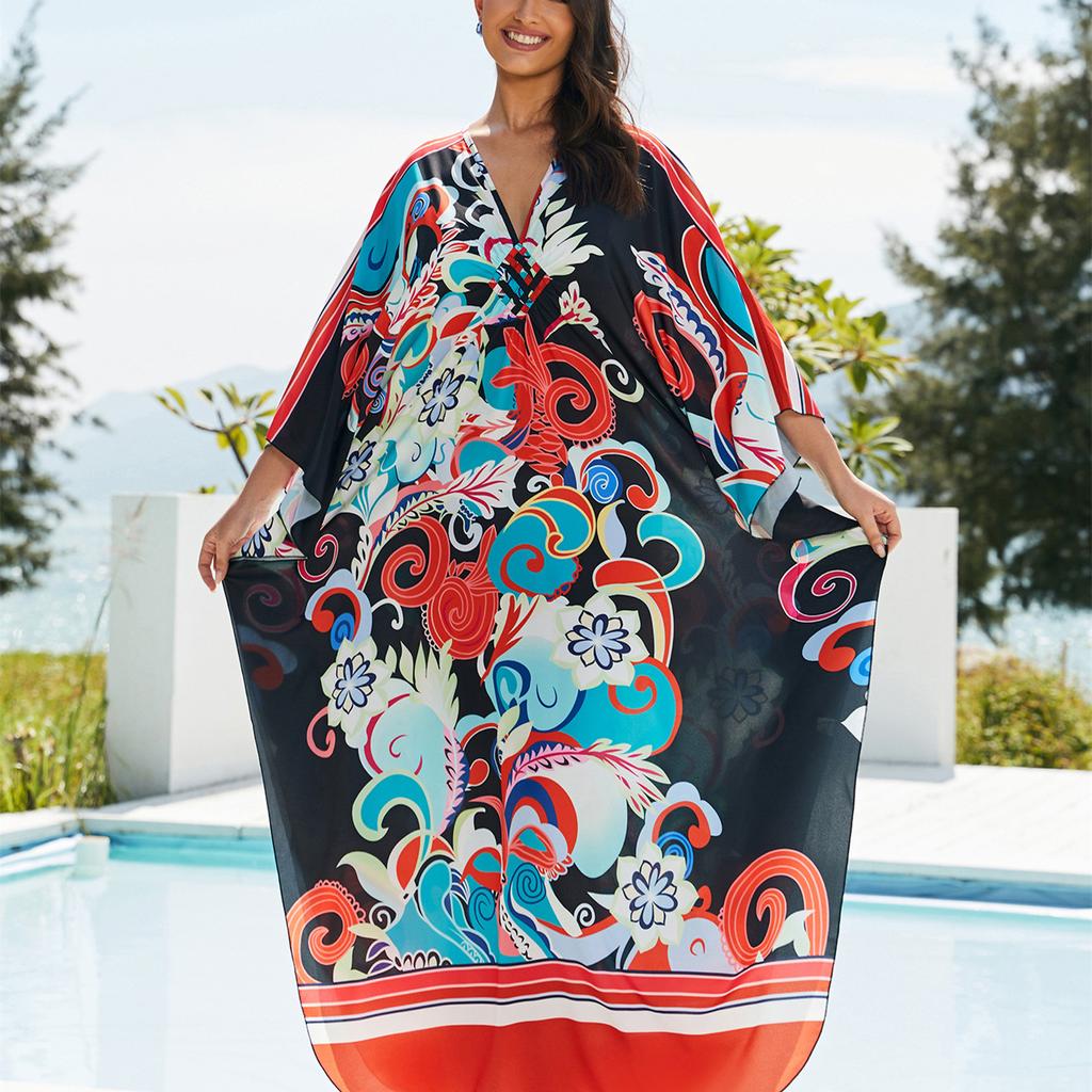 YYFS Damenmode Urlaub Sommer Frühling Blumenmuster Druck Langarm V-Ausschnitt Freizeitkleider