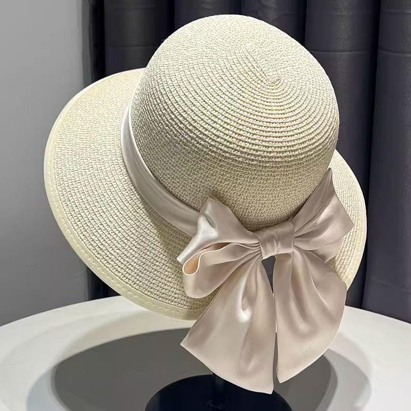 Breathable Straw Hat Hat Women's Summer Bow Visor Sun Hat Summer Travel Beach Straw Hat Versatile Sunscreen Bucket Hat