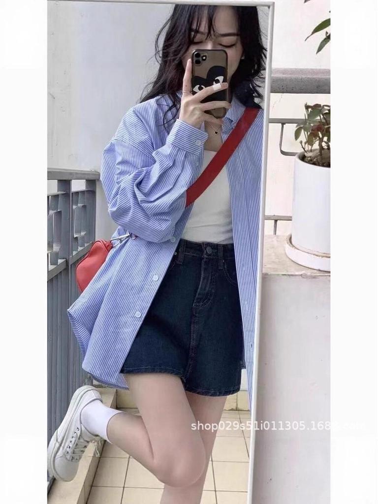 2025 Summer Striped Blue Boyfriend Long-Sleeve Shirt: Loose, Versatile Sun Protection Jacket
