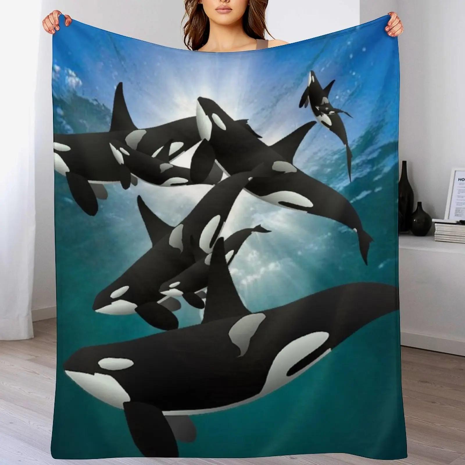 Ocean Orcas, Killer Whales and Calves Throw Blanket Soft Sherpa Fleece Warm Blanket for Winter Size: 75*100cm, Weight: 230 GSM
