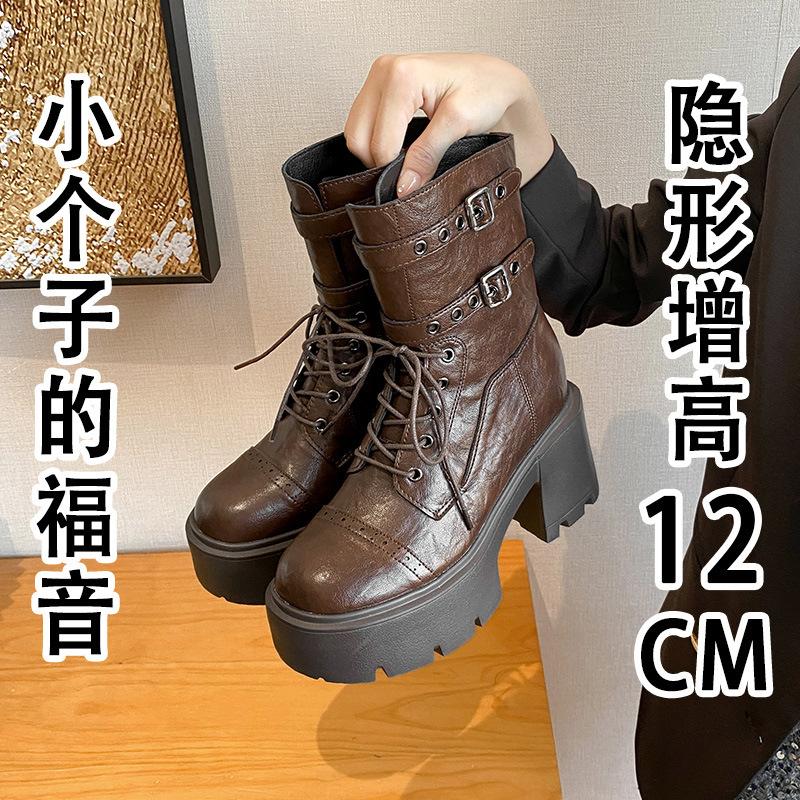 

12Lm brown thick-soled Martin boots women s retro new autumn belt buckle medium tube knight boots small size 33 38