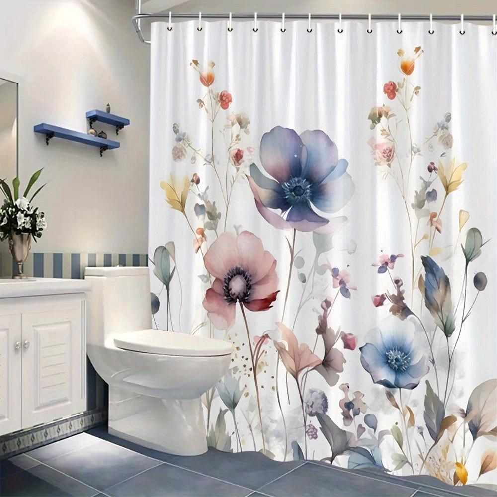 1 Pastel Floral Shower Curtain - Delicate Lavender, Pink And Blue Flowers With A Subtle Wash, Polyester Fabric With Hooks