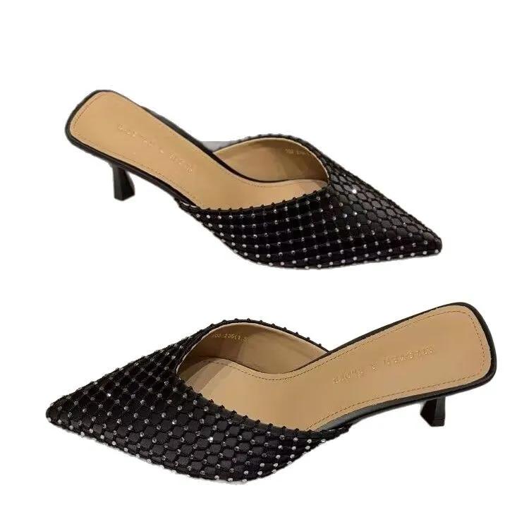 2025 New Baotou Half Slipper Rhinester Shoes French Spring and Summer Pointed Thin Heel Single Sandals