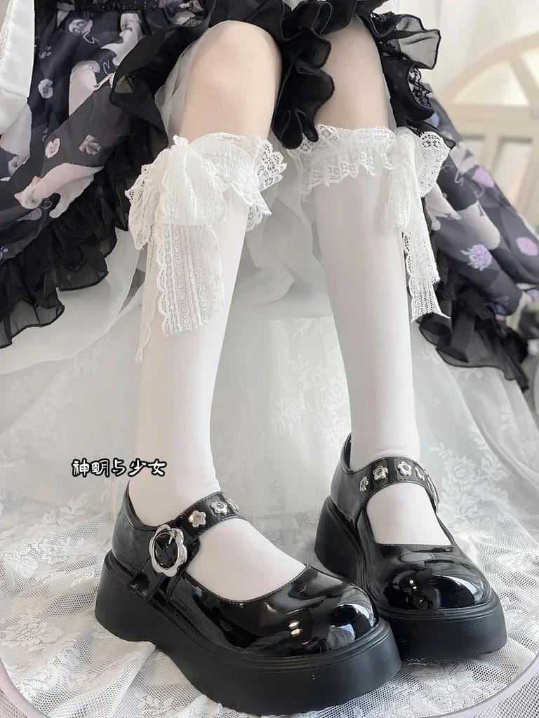 Kawaii Lolita Lace Calf Stockings Multi Layer Bow Cotton Jk Japanese Long Stockings Vintage Gothic Palace Cosplay Accessories