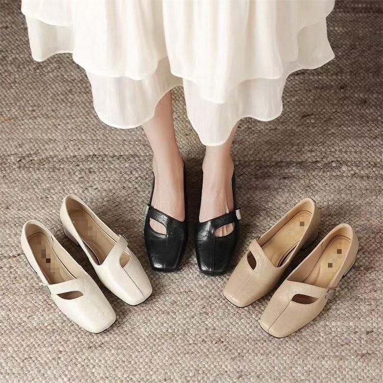 French square head shallow mouth single shoes spring and summer new low-heeled small leather shoes thick-heeled Mary Jane shoes