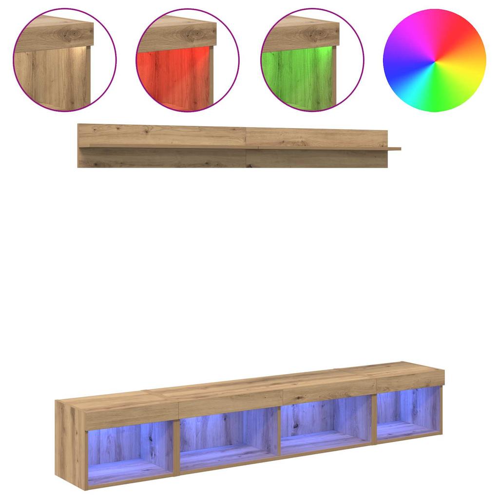 TV Wall Shelf Set with LED 5 pcs Artisan Oak Wood Based Material