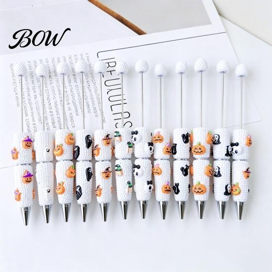 Smooth Writing Beaded Pens Halloween Rhinestone Beadable Pen, DIY Sparkly Cat Pumpkin Ghost Plastic Handmade Gift Glitter Black Ink Ballpoint Pen for