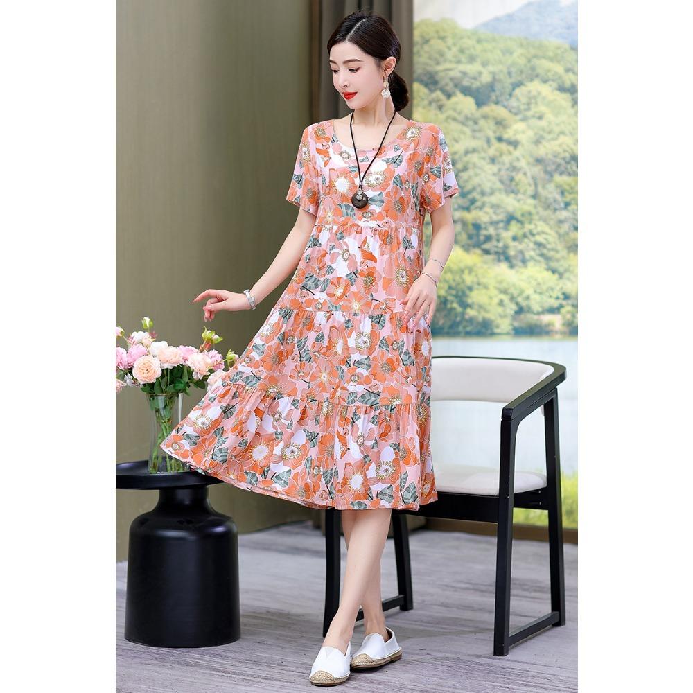 Summer Short-sleeved, Loose and Long Artificial Cotton Dress for Middle-aged and Elderly Women