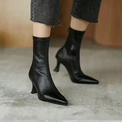 Botas de salto alto femininas, bico fino, designer elegante, sapatos de couro, tendência 2025, moda inverno, bombas, botas chelsea, mujer