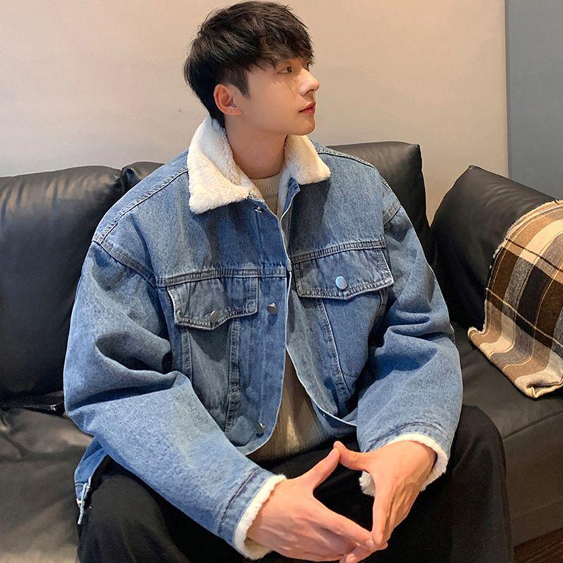 Men's Winter Lambswool Denim Jacket - Trendy American Style, Thickened with Velvet for Warmth, Hong Kong Inspired Fashion.