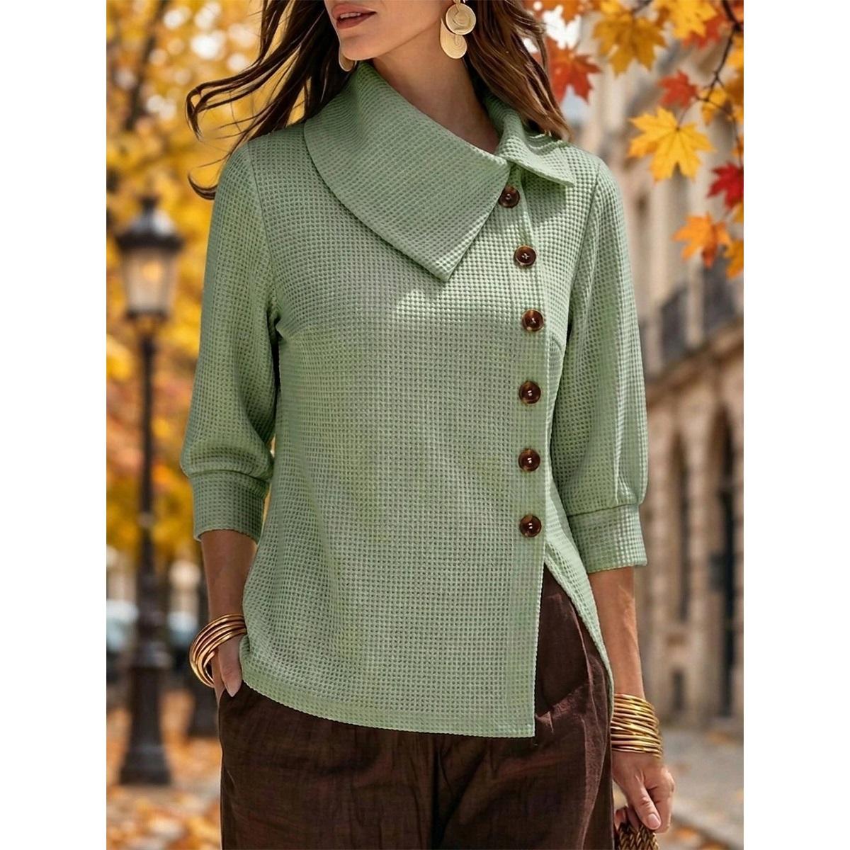 Dames Asymmetrische Grote Kraag Gebreide Blouse Diagonale Knoppen 3/4 Pofmouw Onregelmatige Zoom Casual Trui Top XXL