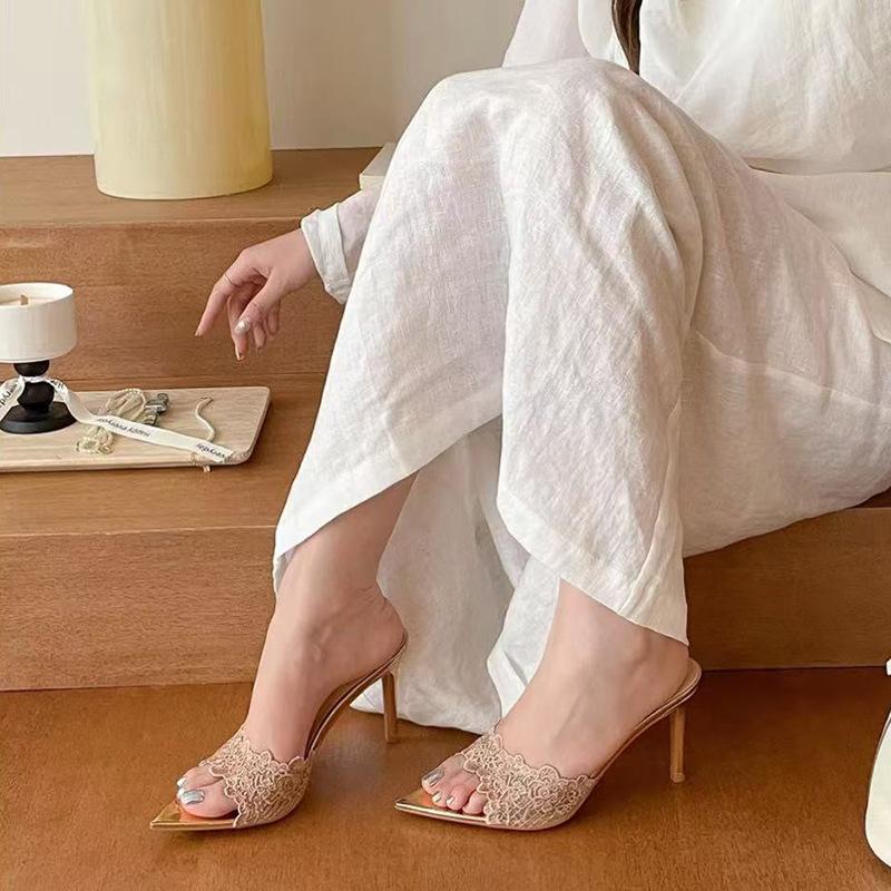 Fashion 2025 French Champagne Lace High Heel Slippers Women Pointed Toe Thin Heel Summer Sandals Elegant Niche Strappy Slides