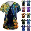 Women V Neck Short Sleeve Work Scrub Top with Pockets Halloween Print Medical Uniform Blouse for Healthcare Professionals