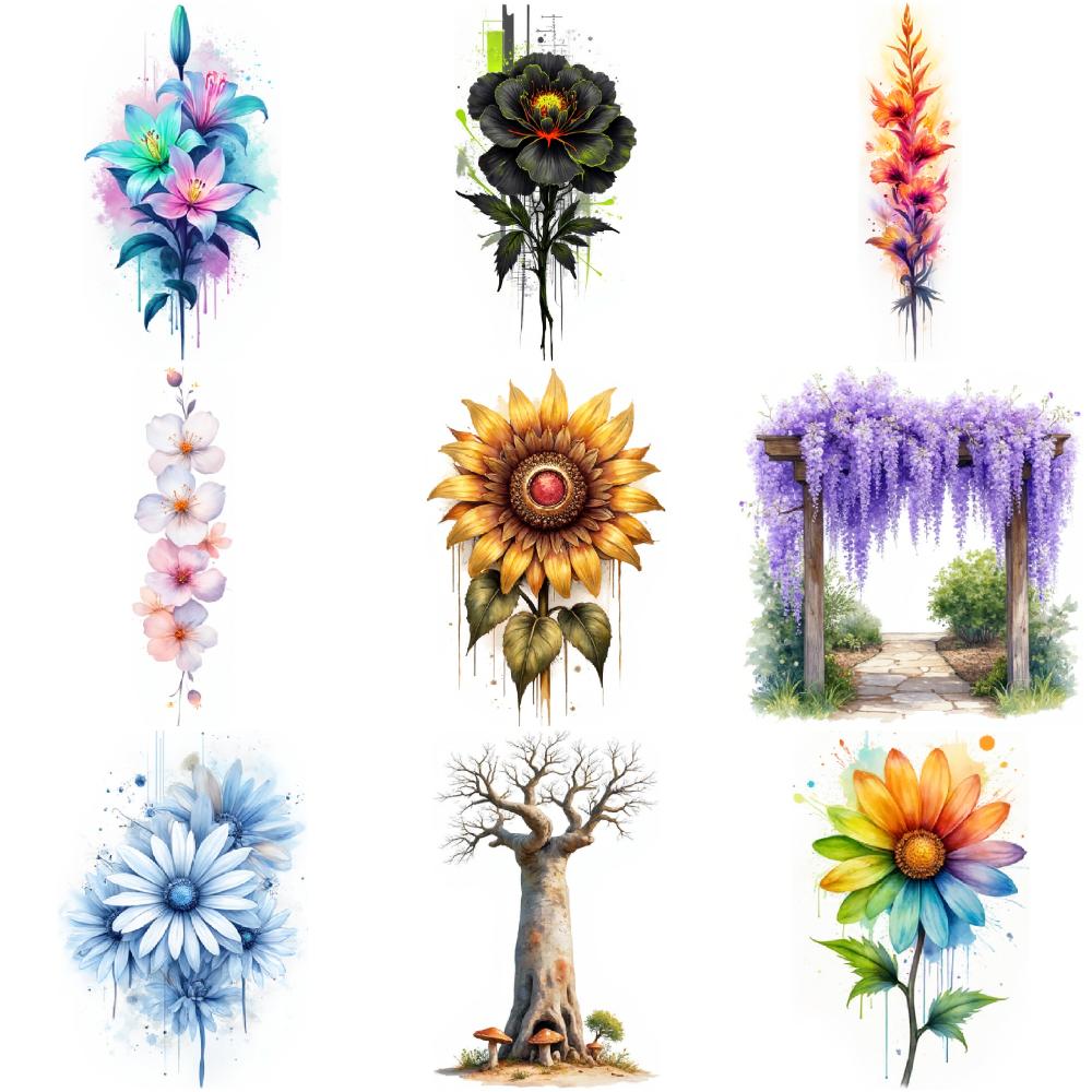 9pcs Temporary Tattoo Watercolor Wisteria Arch Sunflower Pine Tree For Chest Children Arms