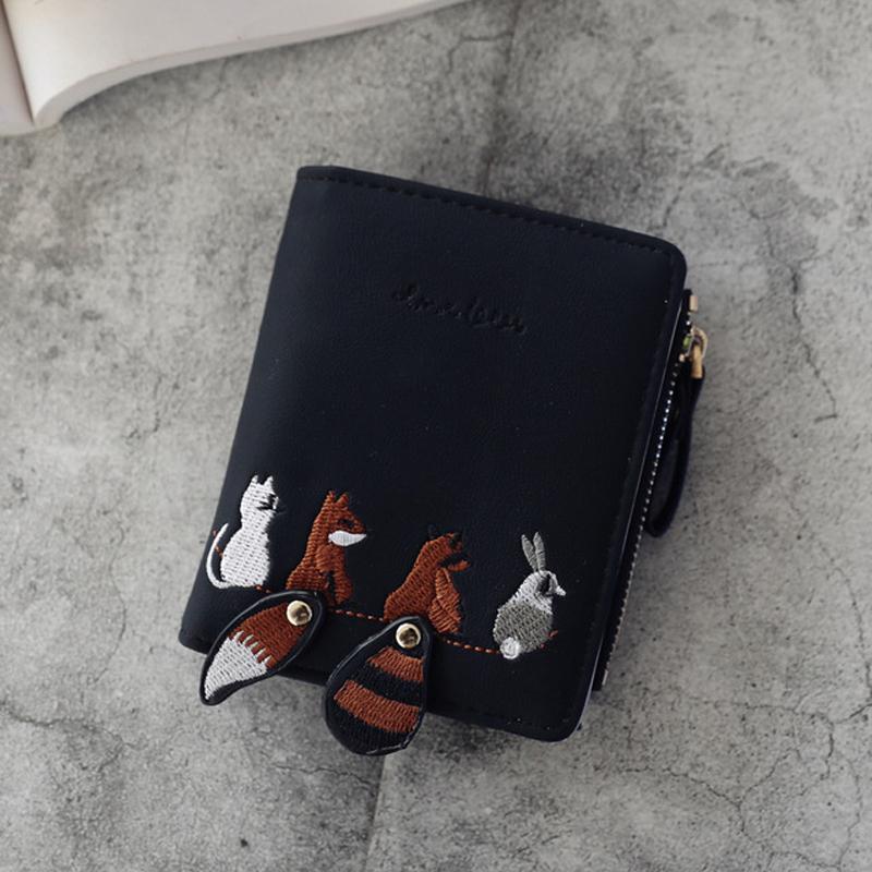 

New Leather Wallet Women s Cartoon Cat Cute Fox Raccoon Short Wallets Girl s Credit Card Holder Hasp Zipper Coin Purse чёрный
