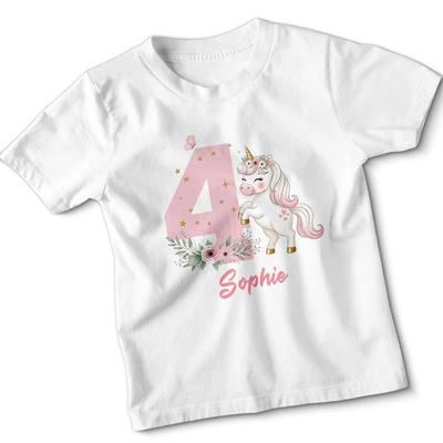 Camiseta Personalizada Unicórnio 4º Aniversário Meninas Crianças Nome Personalizado