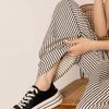 145cm Women's Black & White Striped Wide-Leg Summer Pants - Petite Casual Loose Fit
