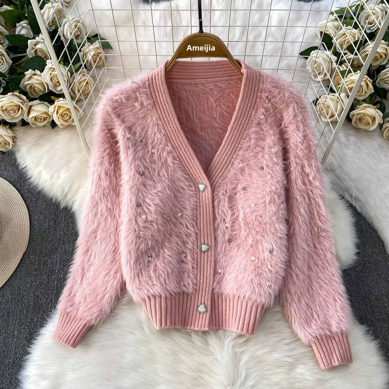 

Женский вязаный свитер с V-образным вырезом, зимняя мода, роскошный, легкий, омолаживающий, пальто на перламутровых пуговицах, свободного кроя, прямого силуэта One size розовый