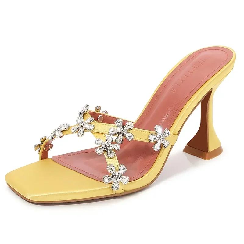 Fashion Shiny Crystal Flowers Decorative Women's Sandals 2025 Elegant High Heeled Slide Sandals for Women Cross Strap Summer High Heels