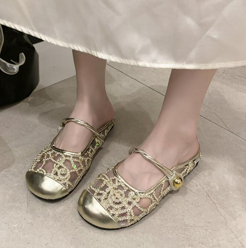 Women's Summer Lace Mesh Hollowed-out Glitter Headpiece Half-slipper Outdoor Woman's Slippers Chinelo Feminino Ladies Slides