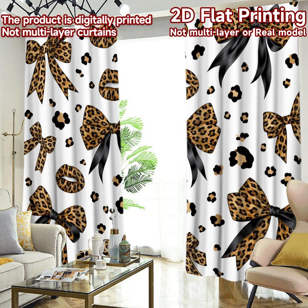 2D FLAT PRINTING 2pcs Curtains (Without Rod) Leopard Print Bows Popular Light Filtering Curtains Durable Polyester Curtains