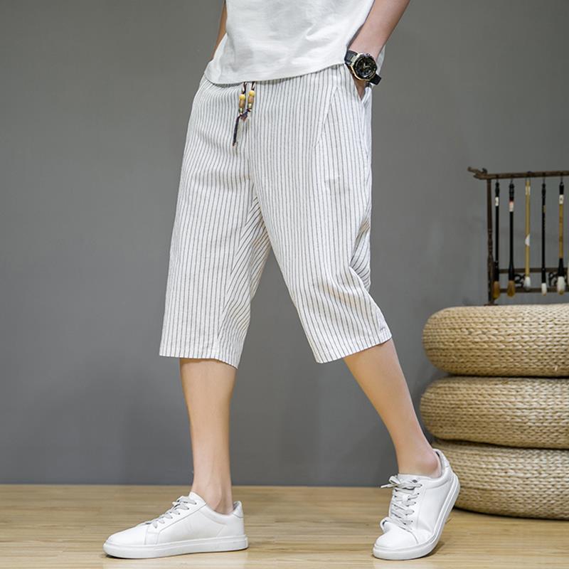 Men's Casual Versatile Striped Summer Sports Cropped Breeches Mid-trousers Loose Cotton Linen Beach Pants