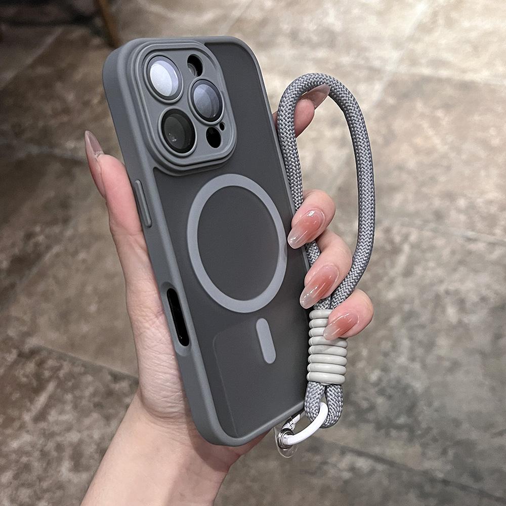 Clear Matte Magnetic Case For IPhone 16 14 13 Mini 15 12 11 Pro Max Plus Lanyard Wrist Strap Magsafe Shockproof Bumper Cover