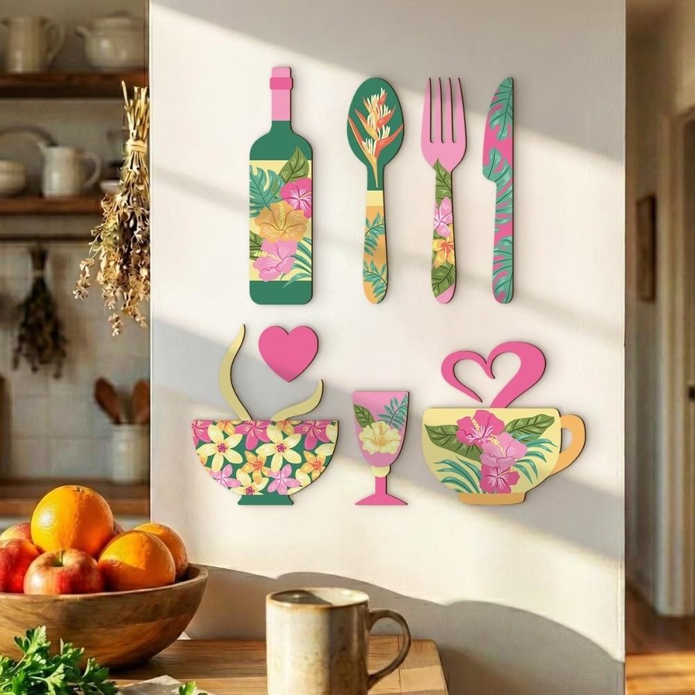 8PCS/SET Fork Wooden Wall Sticker Ornaments Retro Floral Coffee Element Wall Plaques Bar Decoration