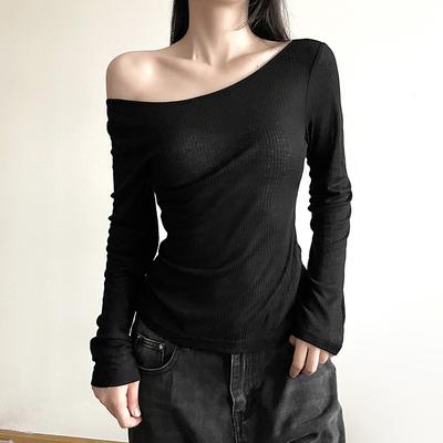 Tops Cortos de Manga Larga con Escote Bardot para Mujer, Elásticos, Sexy, sin Espalda, Camisetas Femeninas, Nueva Moda, con Cordones, Top Liso