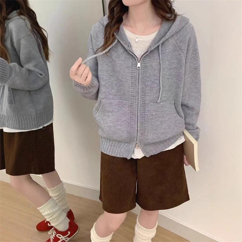 Drawstring hooded sweater jacket women s autumn and winter new lazy style knitted cardigan college style sweater average size 6265₽