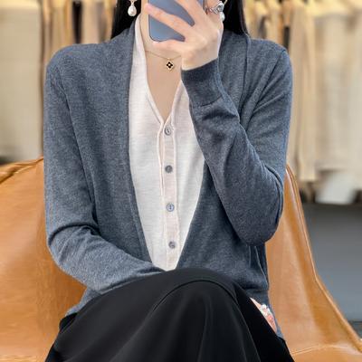 Color Matching Fake Short-sleeved Two-piece Long-sleeved Cardigan Sweater Temperament Loose Age-reducing Top