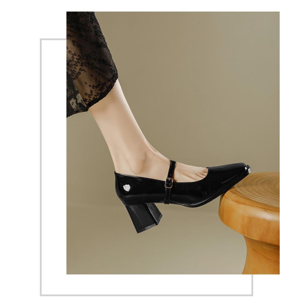 Patent Leather Thick High-heeled, New Women's Hundred with A Word with High-heeled Women's Single Shoes, Women's High-heeled Shoes, Elegant