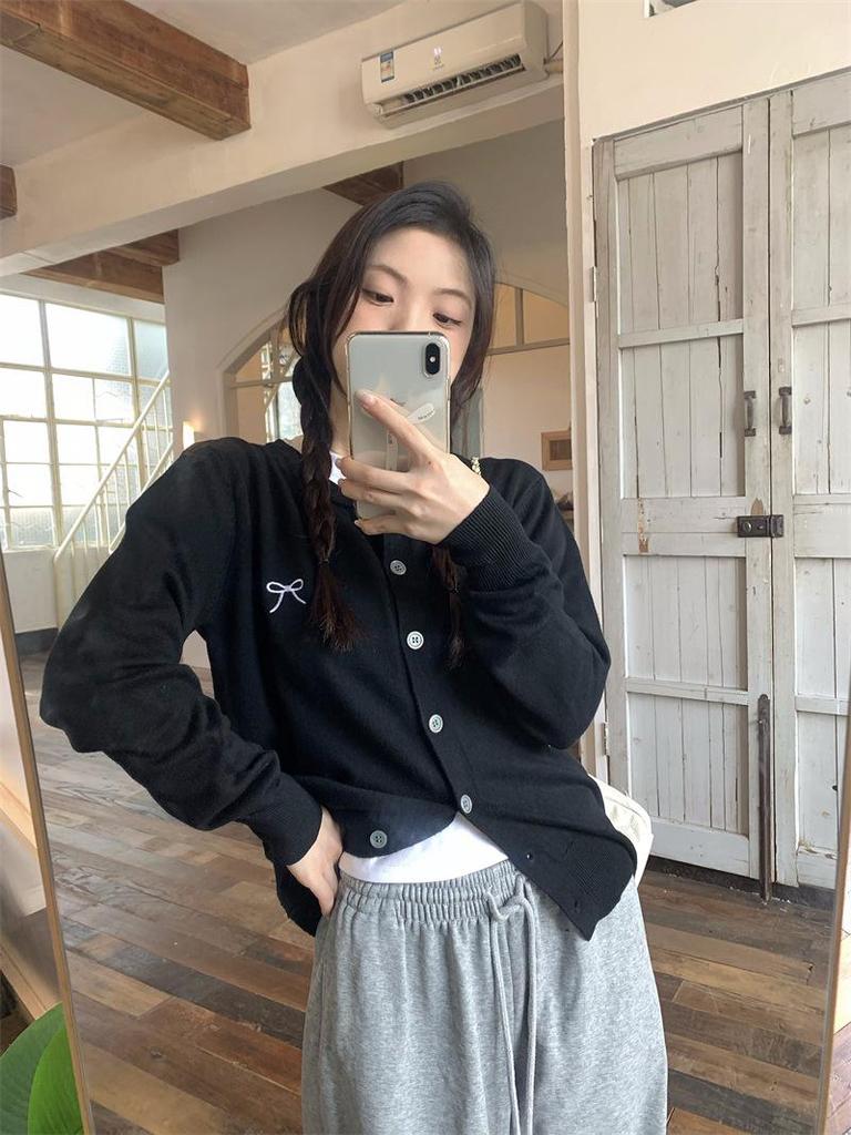 Women's Soft Knit Embroidered Bow Crew Neck Cardigan - Autumn Loose Sweater Coat