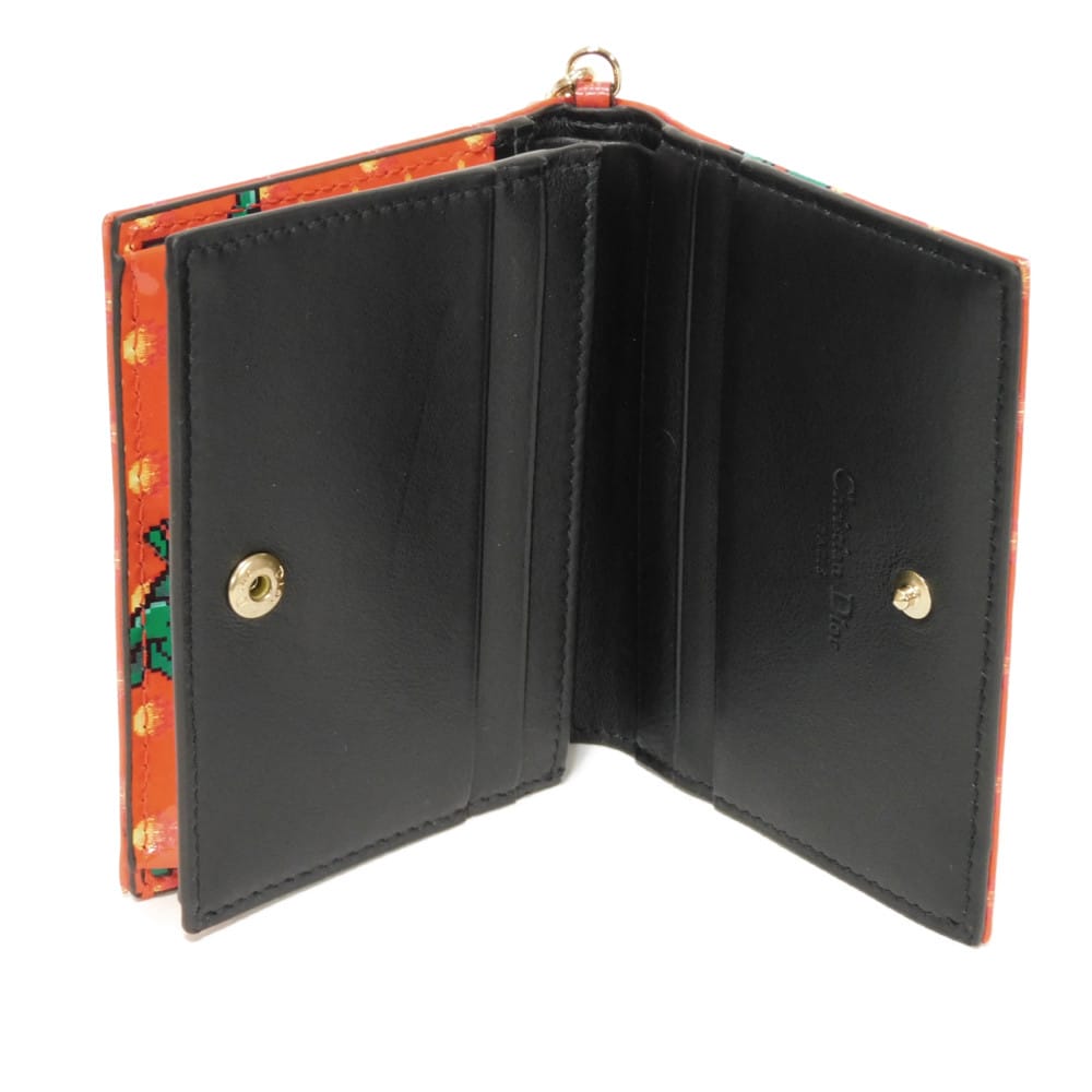 Used 10656 Dragon & Fire Compact Wallet 7941 Patent Embossed Multicolor Logo Charm Orange Red Unisex from Japan